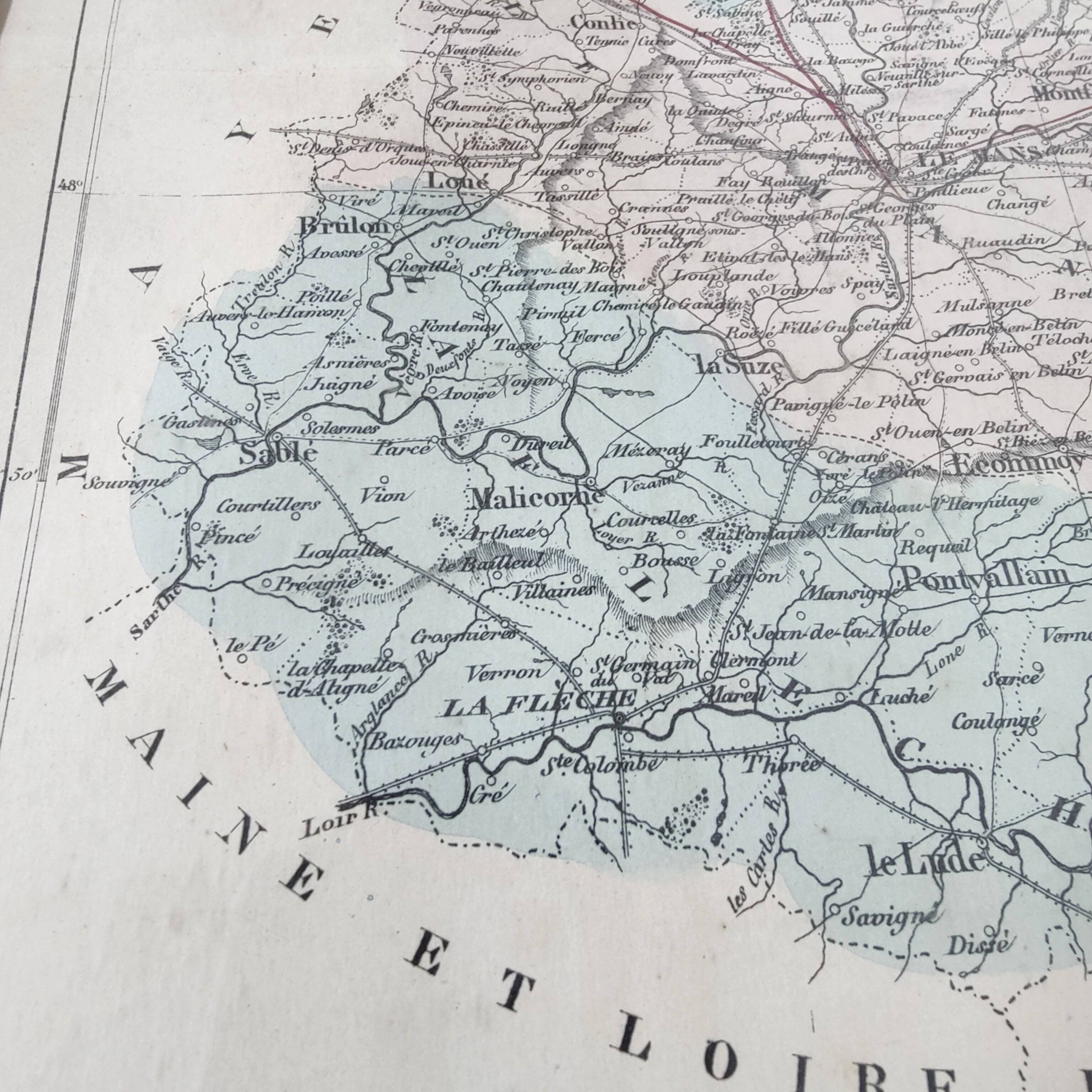 Engraved map of Sarthe wooden frame old plan of Le Mans