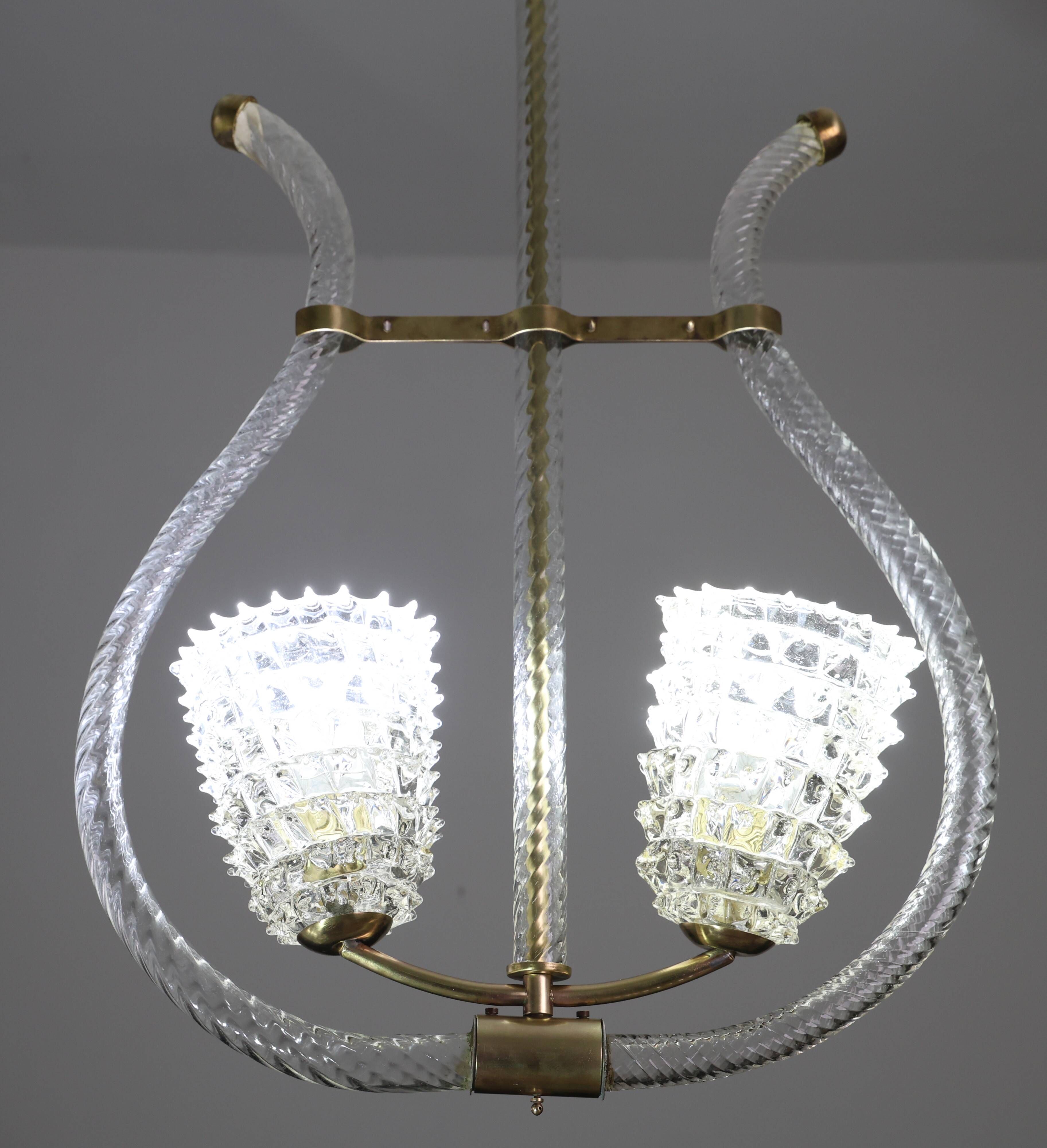 Amazing 2 Light Clear Rostrato Murano Glass Chandelier by Barovier & Toso,