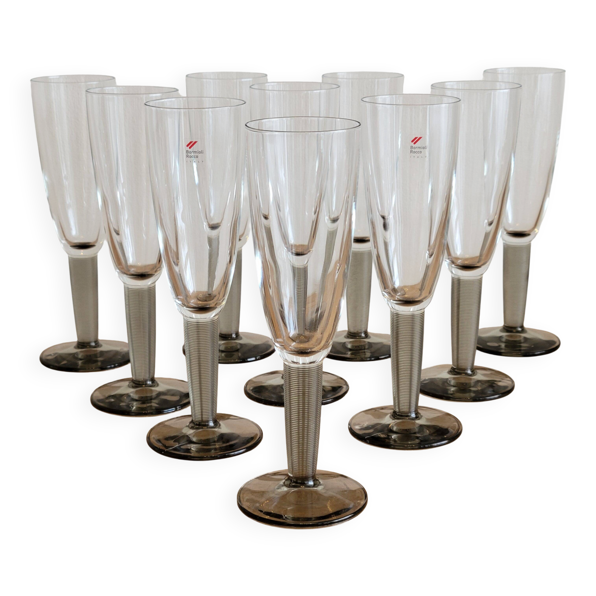 10 Bormioli Rocco Vintage Crystal Champagne Flutes Glasses with Grey Rain Foot