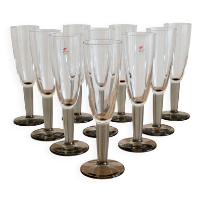 10 flûtes à champagne vintage Bormioli Rocco en cristal strié gris