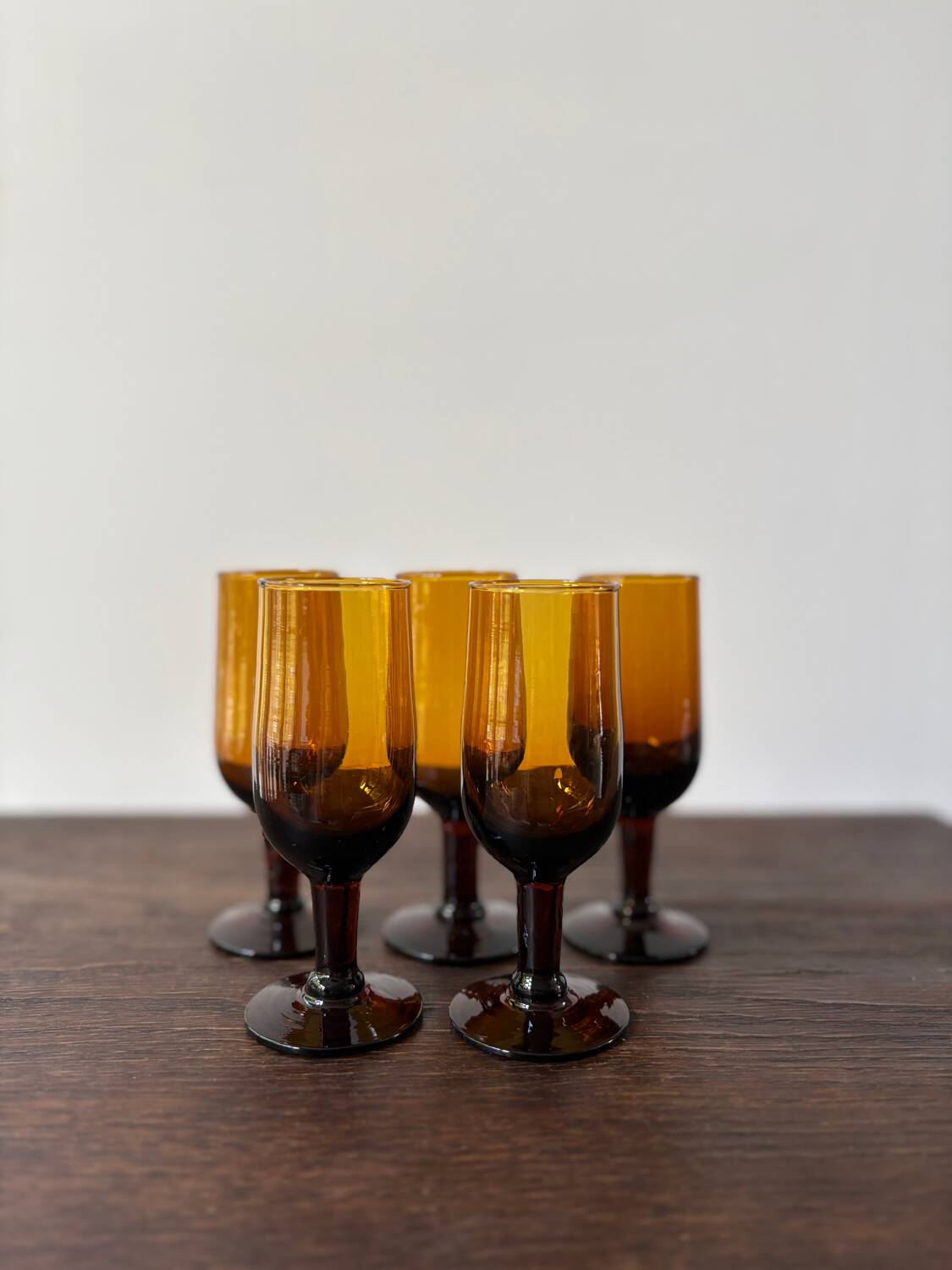 Set of 5 vintage 70s amber stemmed wine glasses