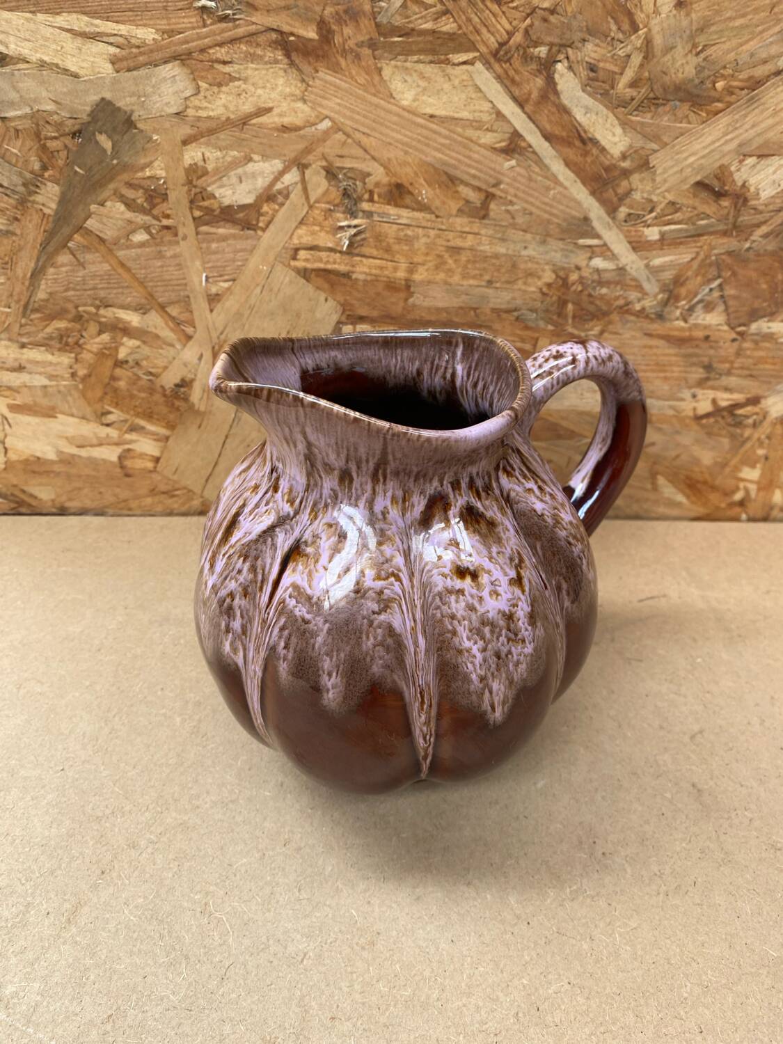 Antique melon pitcher flamed ceramic brown & pink vintage