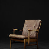 Vintage mid-century danish modern beech & brown leather armchair from farstrup møbler, 1970s