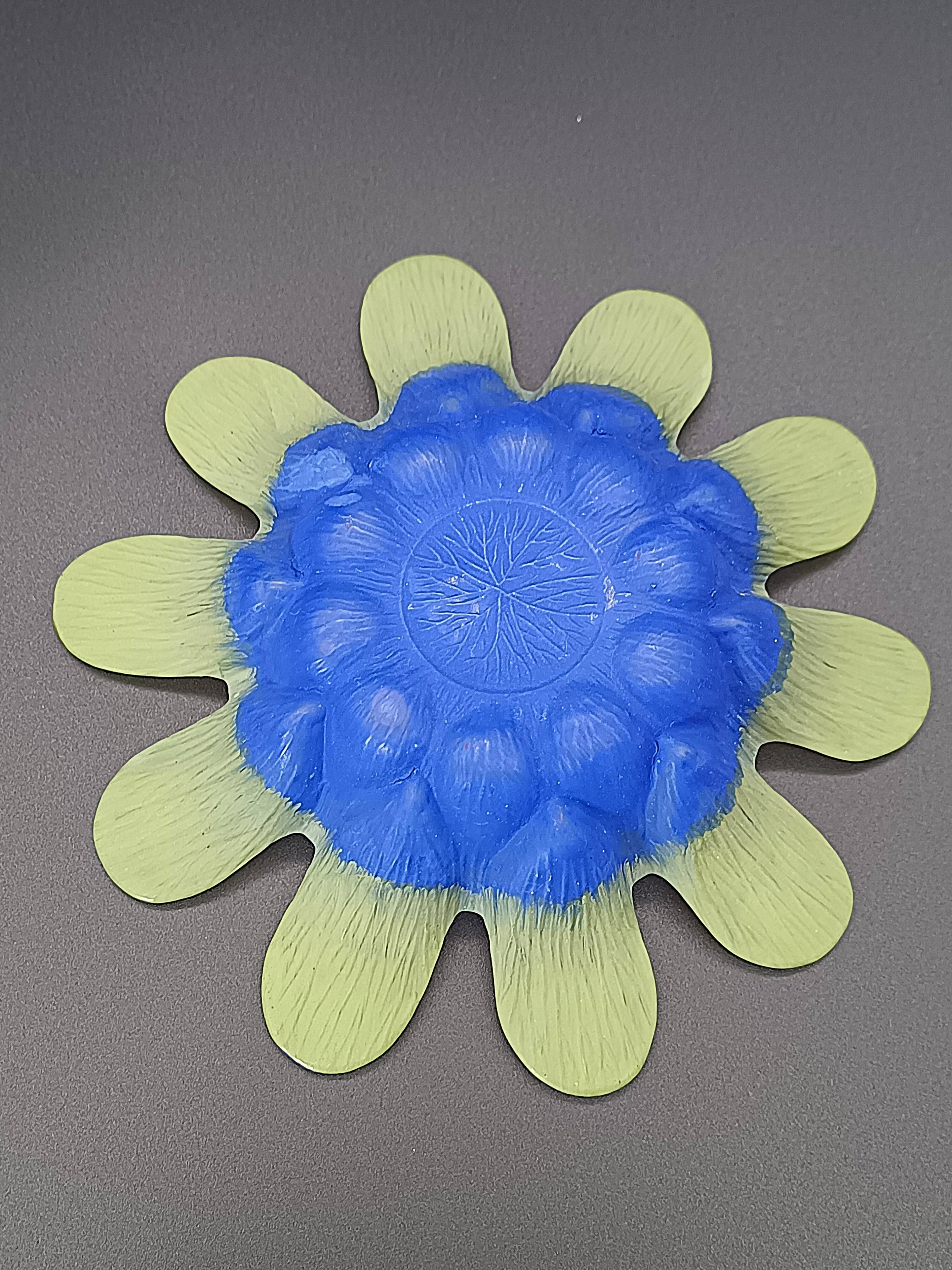 Vintage glass pressed blue & lime green bowl / flower holder