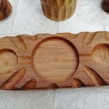 Vintage tablepiece in carved solid wood featuring salt, pepper and mustard pot
