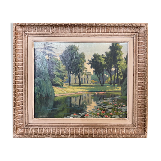 Tableau peinture ancienne G.Landrieux paysage aux nymphéas impressionnisme XXe