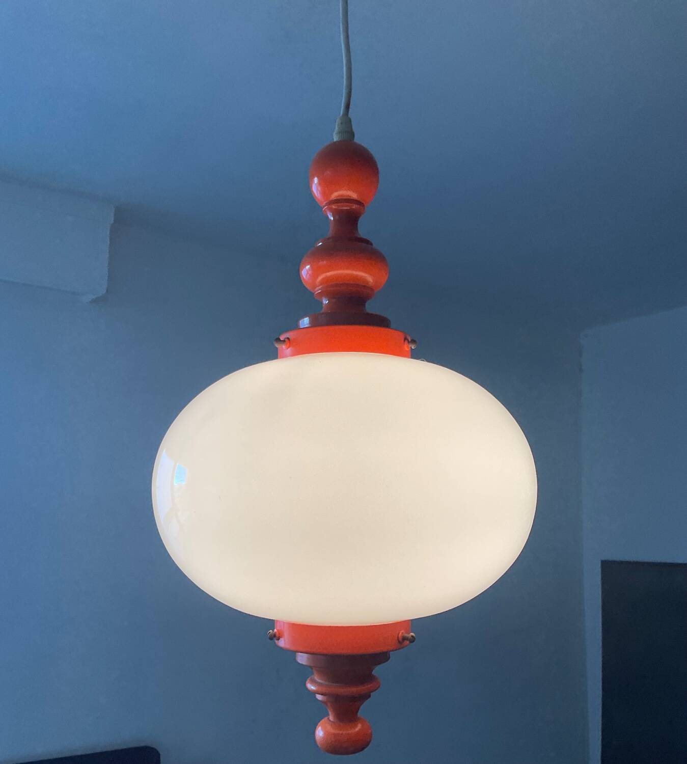 Space Age pendant light in opaline and wood