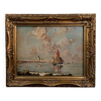 Huile sur toile par Ernest Germain Vauthrin bateaux Baie de Crozon Finistère