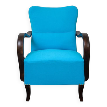 Pair of royal blue Art Deco armchairs in cotton and wood, 1920s.