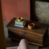 18th-century Scandinavian popular art oak chest with carved panels, dated 1764.