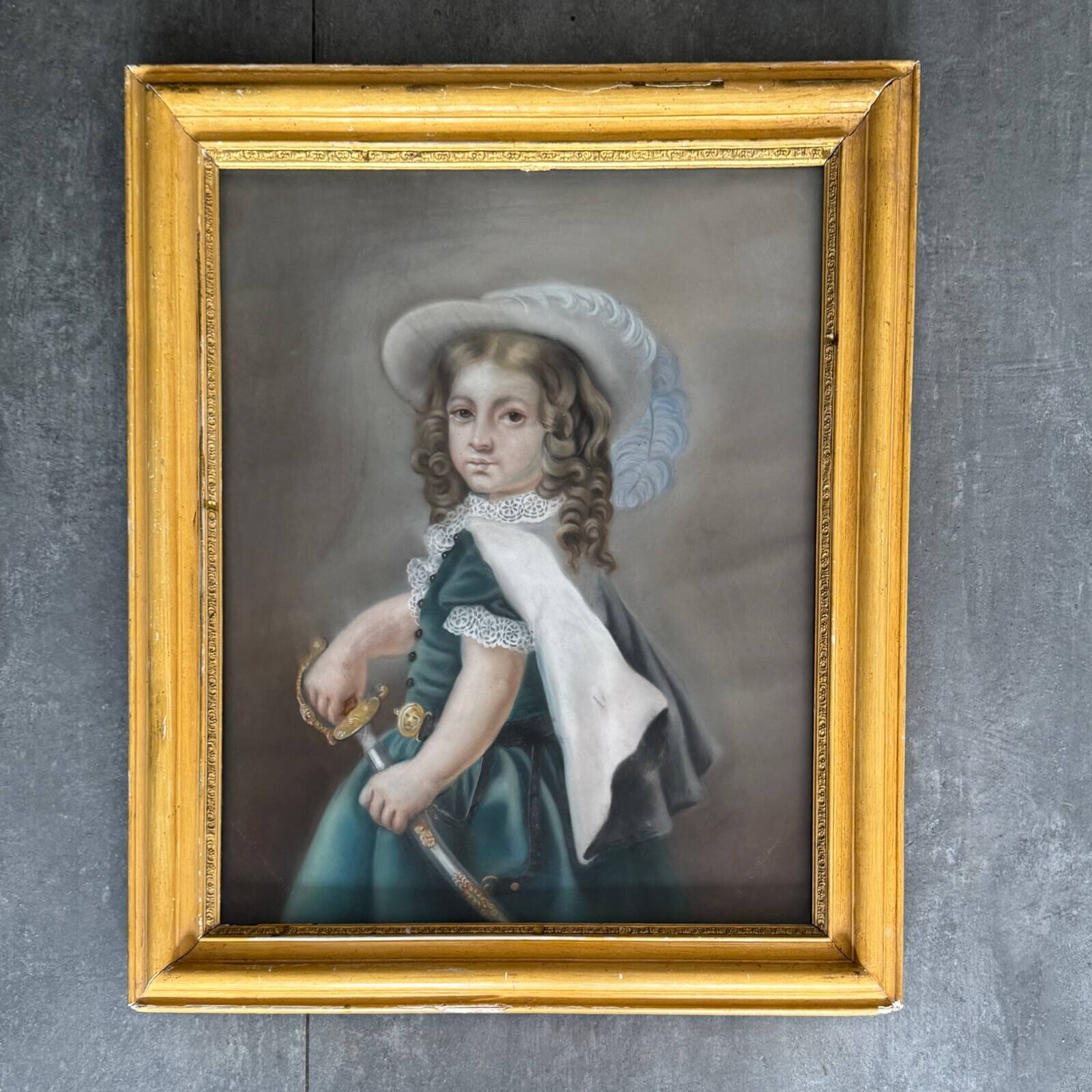 Watercolor on paper portrait of a young girl with a sword 19th century