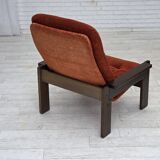1970s, Danish armchair, orange/red furniture velour, dark oak wood.