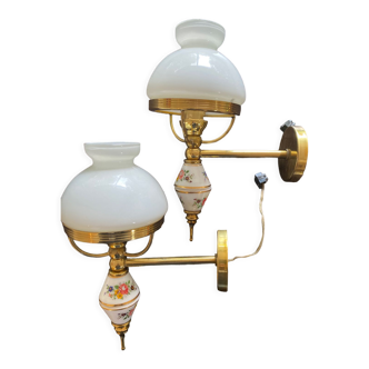 Pair of brass and opaline sconces