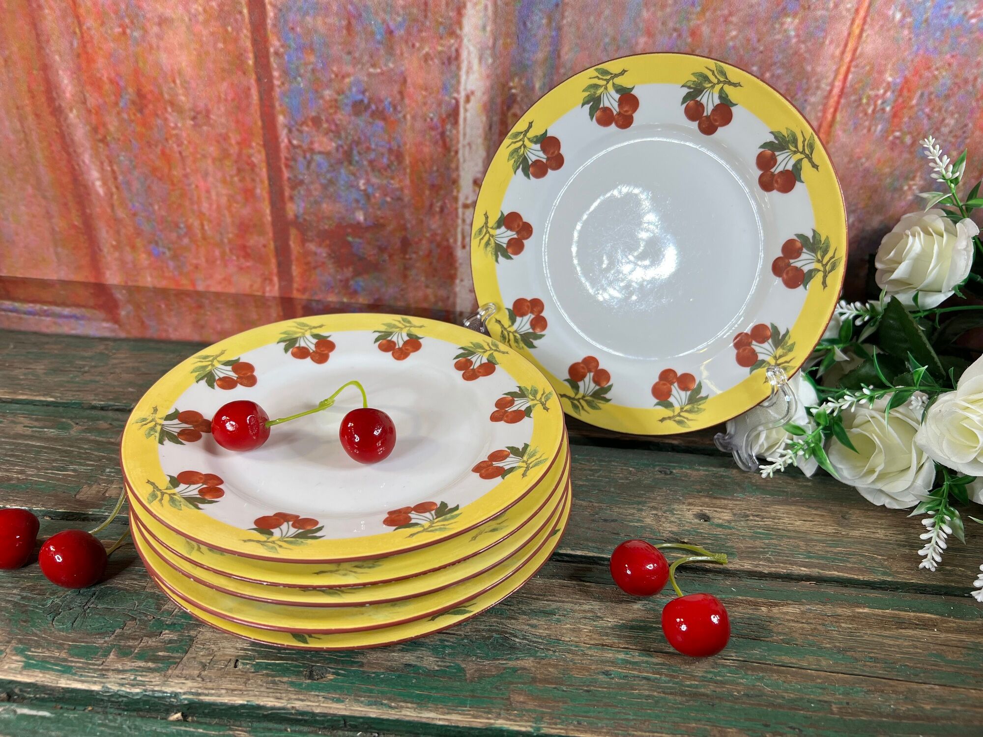 6 dessert plates vintage cherry Limoges porcelain