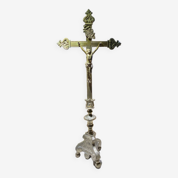 Altar cross crucifix golden brass silver foot