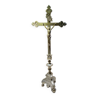 Altar cross crucifix golden brass silver foot