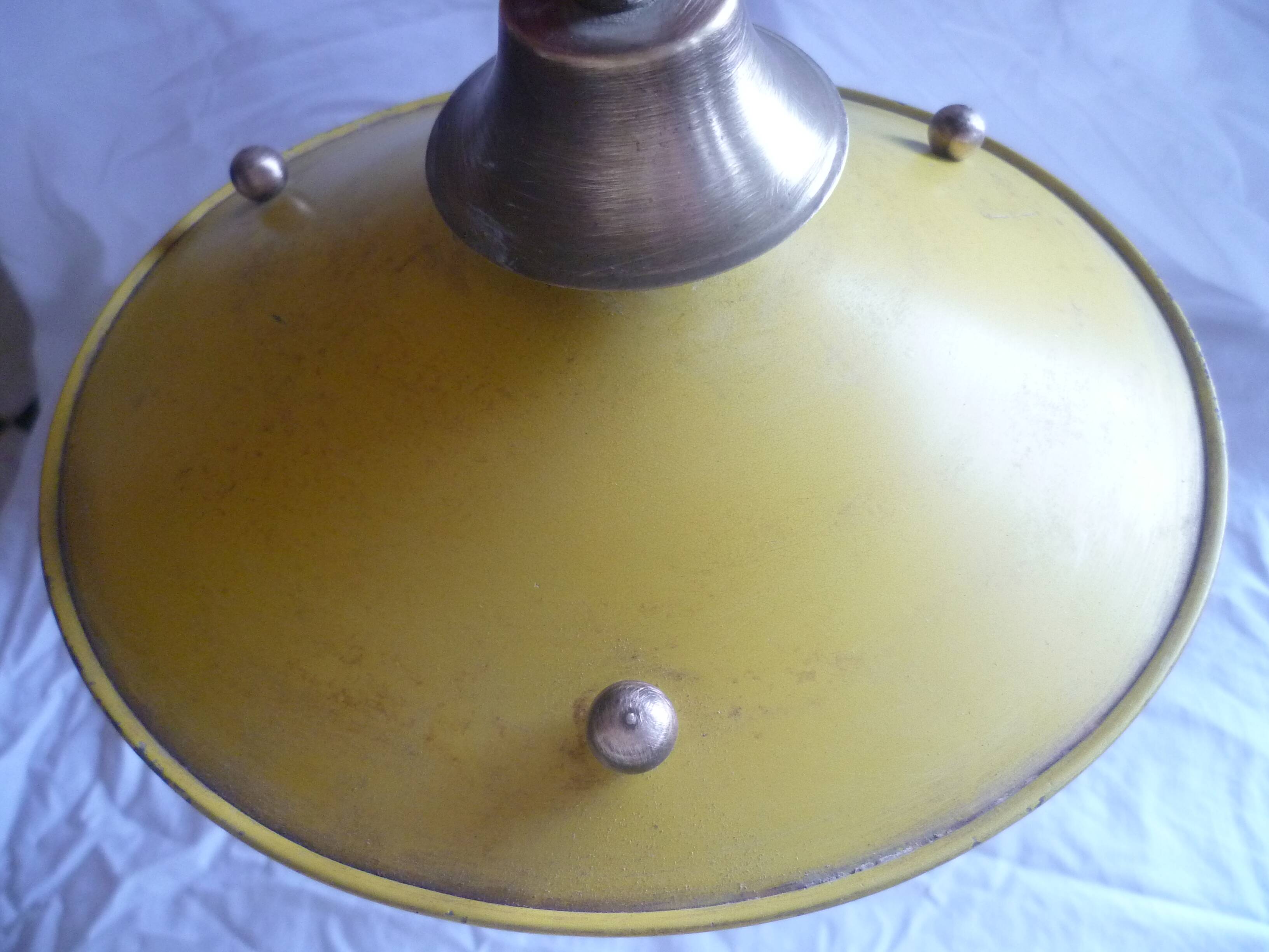 VINTAGE PAINTED SHEET METAL CHANDELIER BRASS & GLASS 50/60's YELLOW