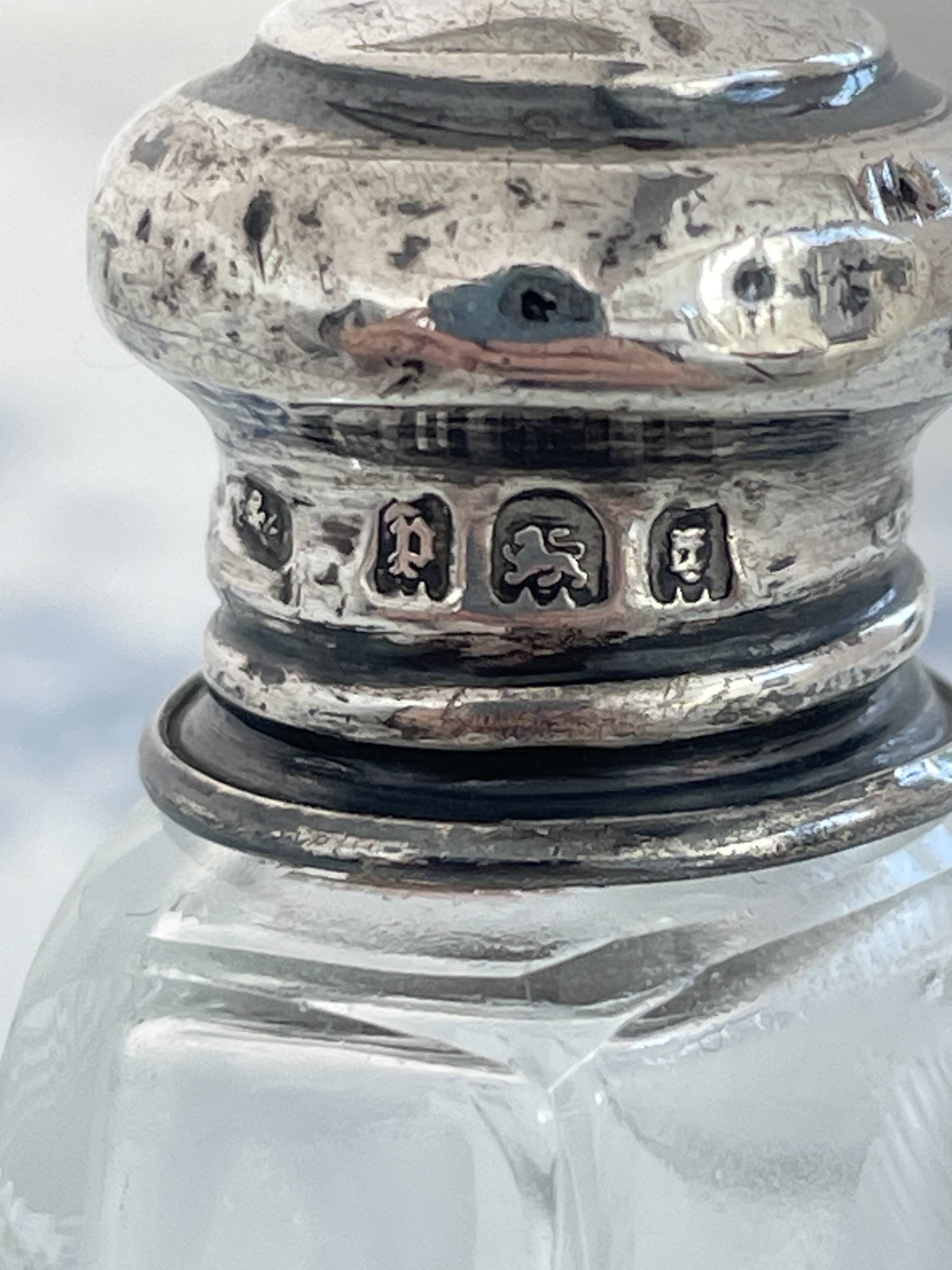 Perfume bottle, salt, silver, engraved glass, 1908, English silver hallmarks