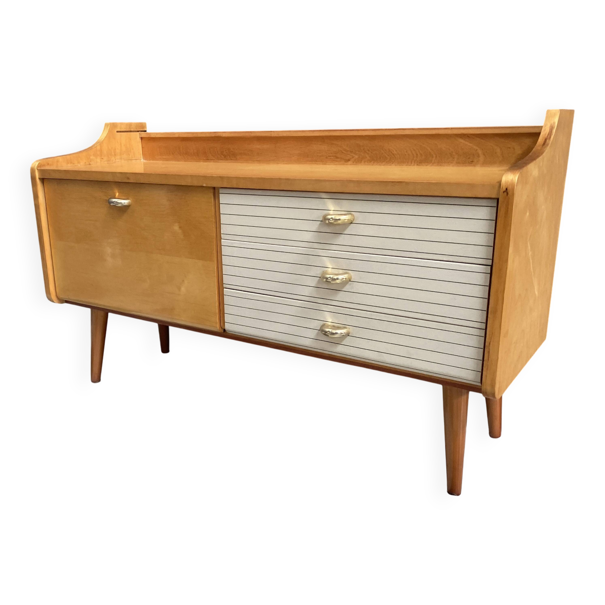 Low sideboard, white leatherette drawer fronts, 1960s