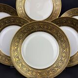 6 assiettes Limoges F Legrand décor noir et or fin