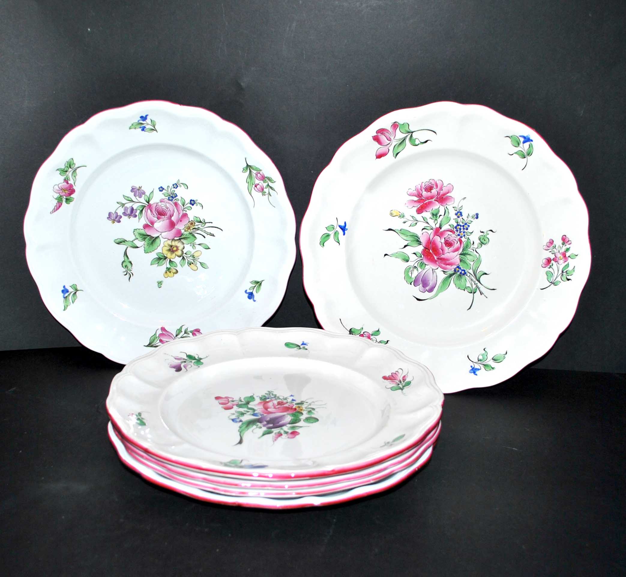 Set of 6 flat plates in Lunéville earthenware - Lamppost model with painted roses
