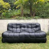 Kashima 2-seater sofa in black leather Michel Ducaroy, 1970