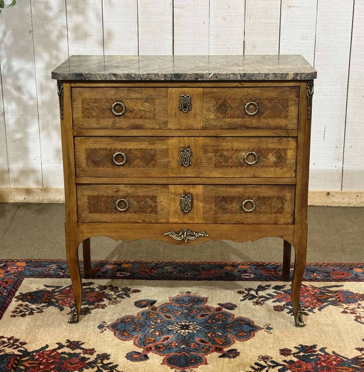 Transitional jump commode in walnut with marble top - 1950s