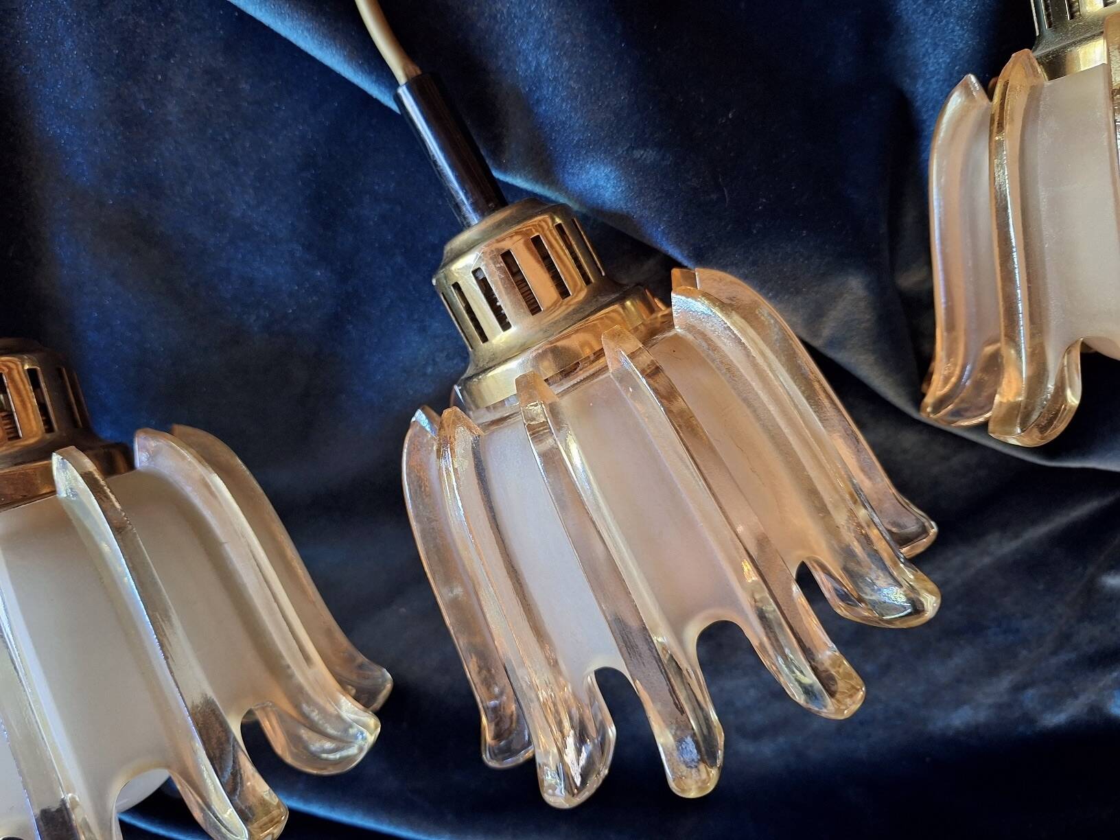 Set of 3 Doria pendant lights in amber-coloured frosted glass, 1960s
