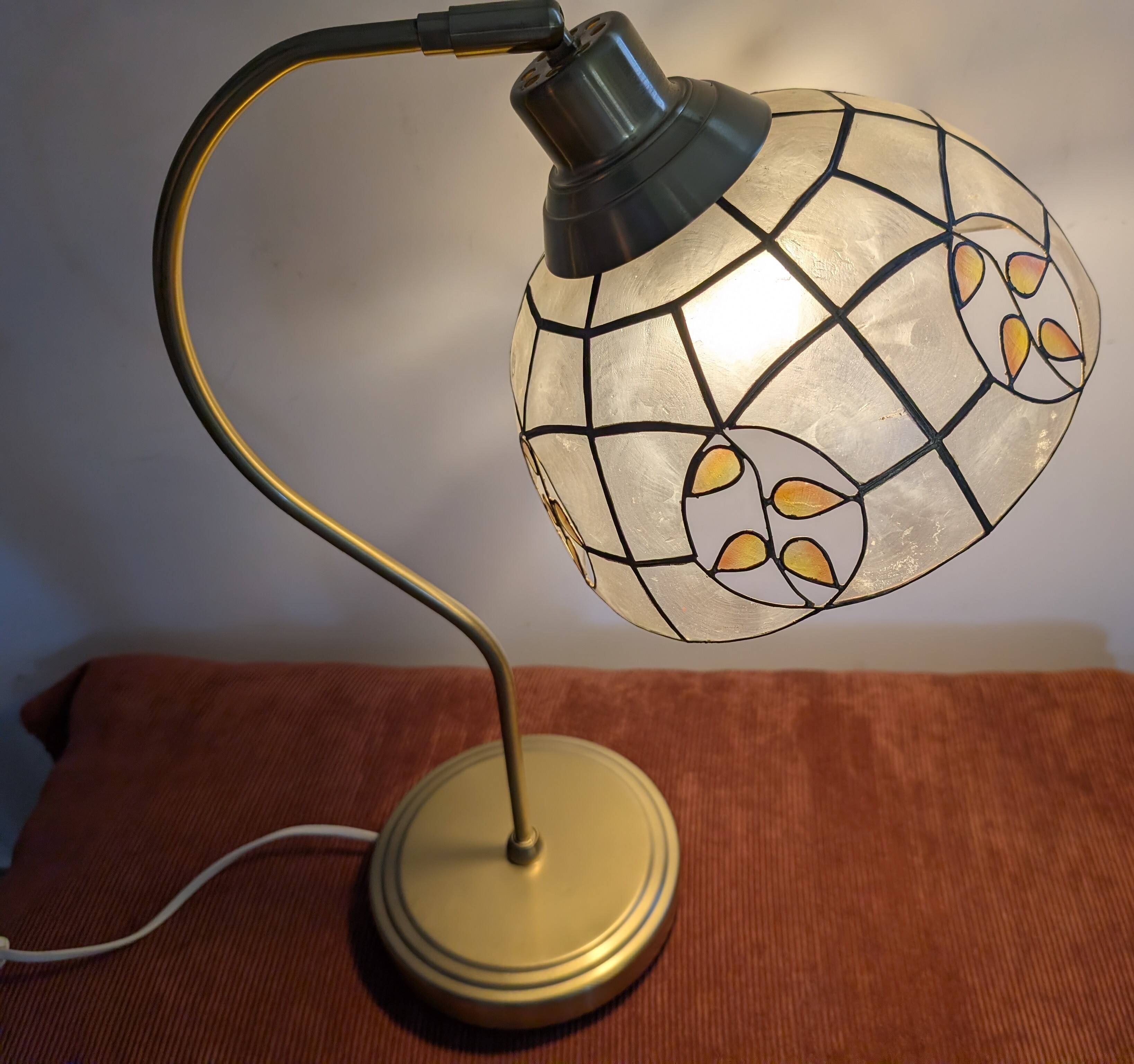 Swan neck lamp. Brass lampshade with mother-of-pearl leaf patterns.