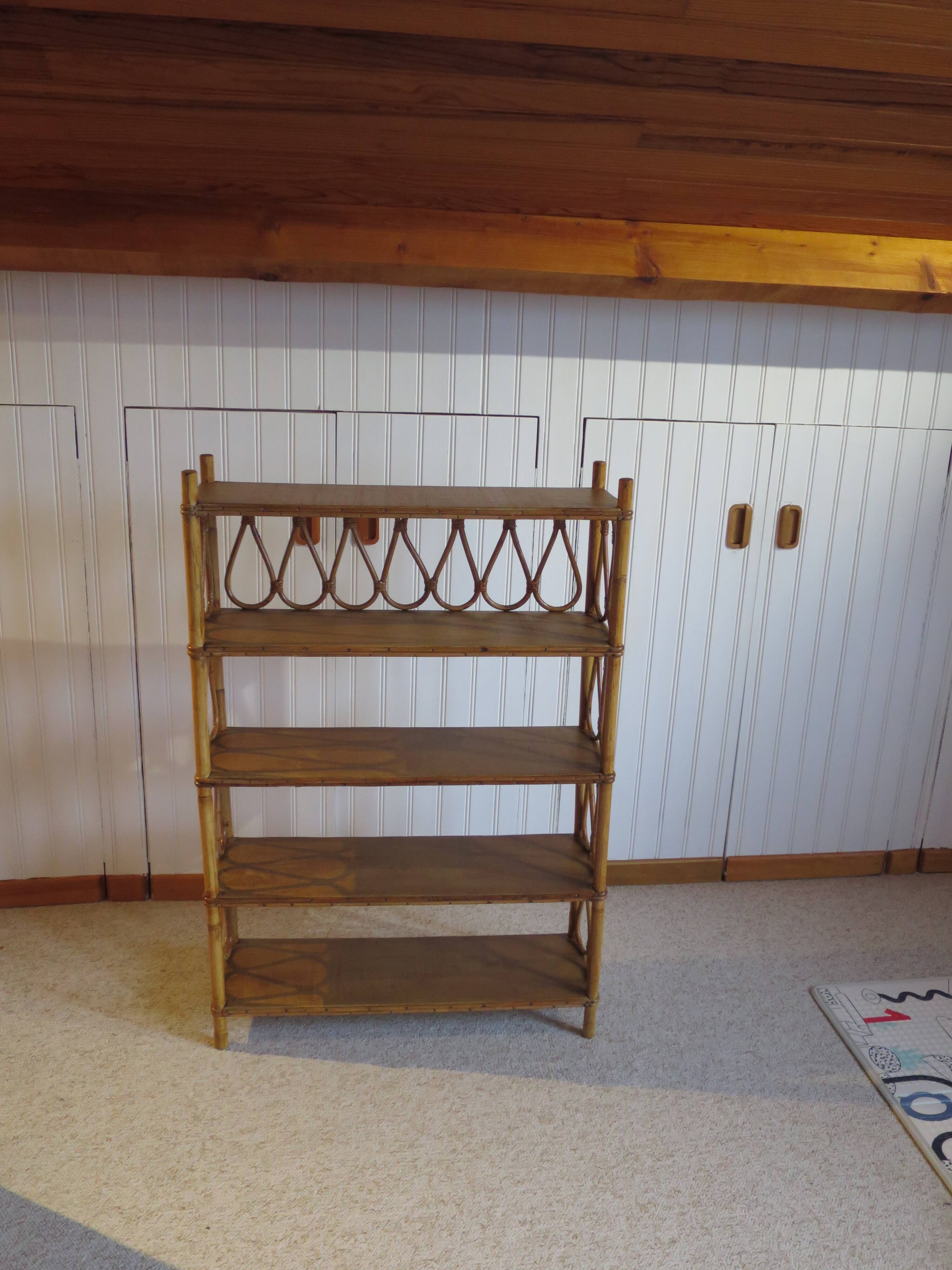 Wooden and rattan bookcase, 1970s-1980s
