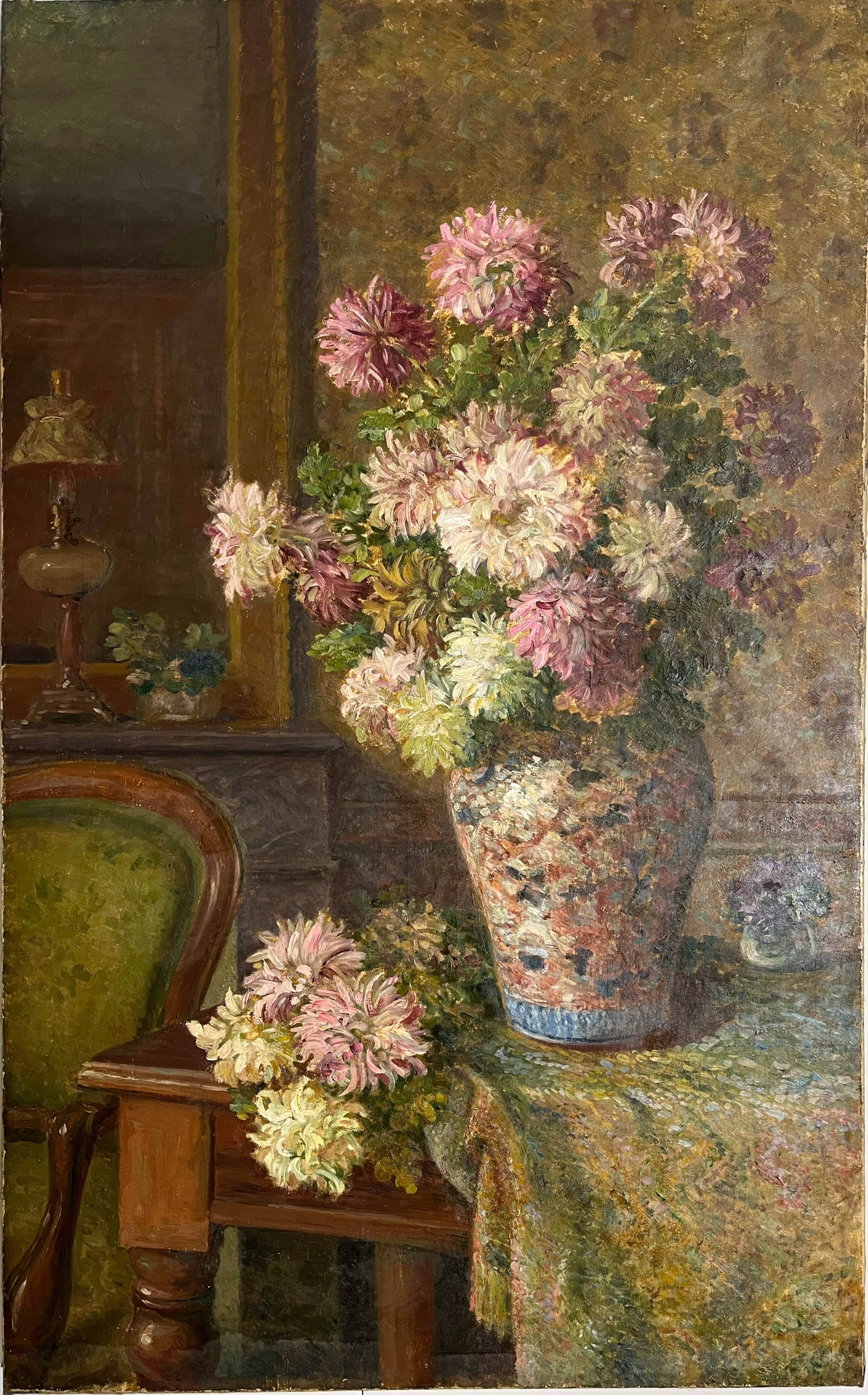 Large antique painting of lilacs in an interior – oil on canvas from the 19th century.