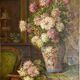 Large antique painting of lilacs in an interior – oil on canvas from the 19th century.