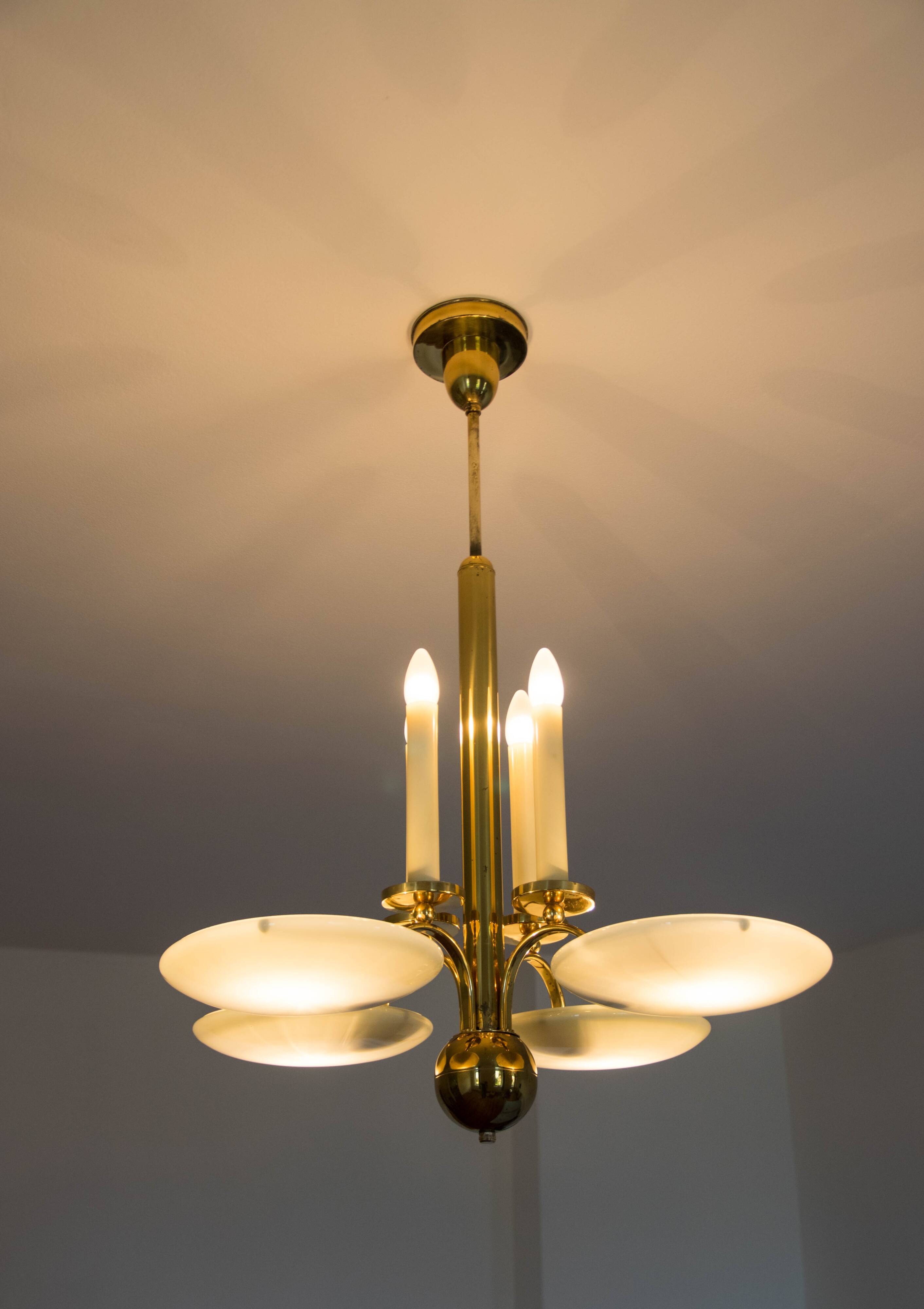 Art Deco Brass and Glass Chandelier, 1930s