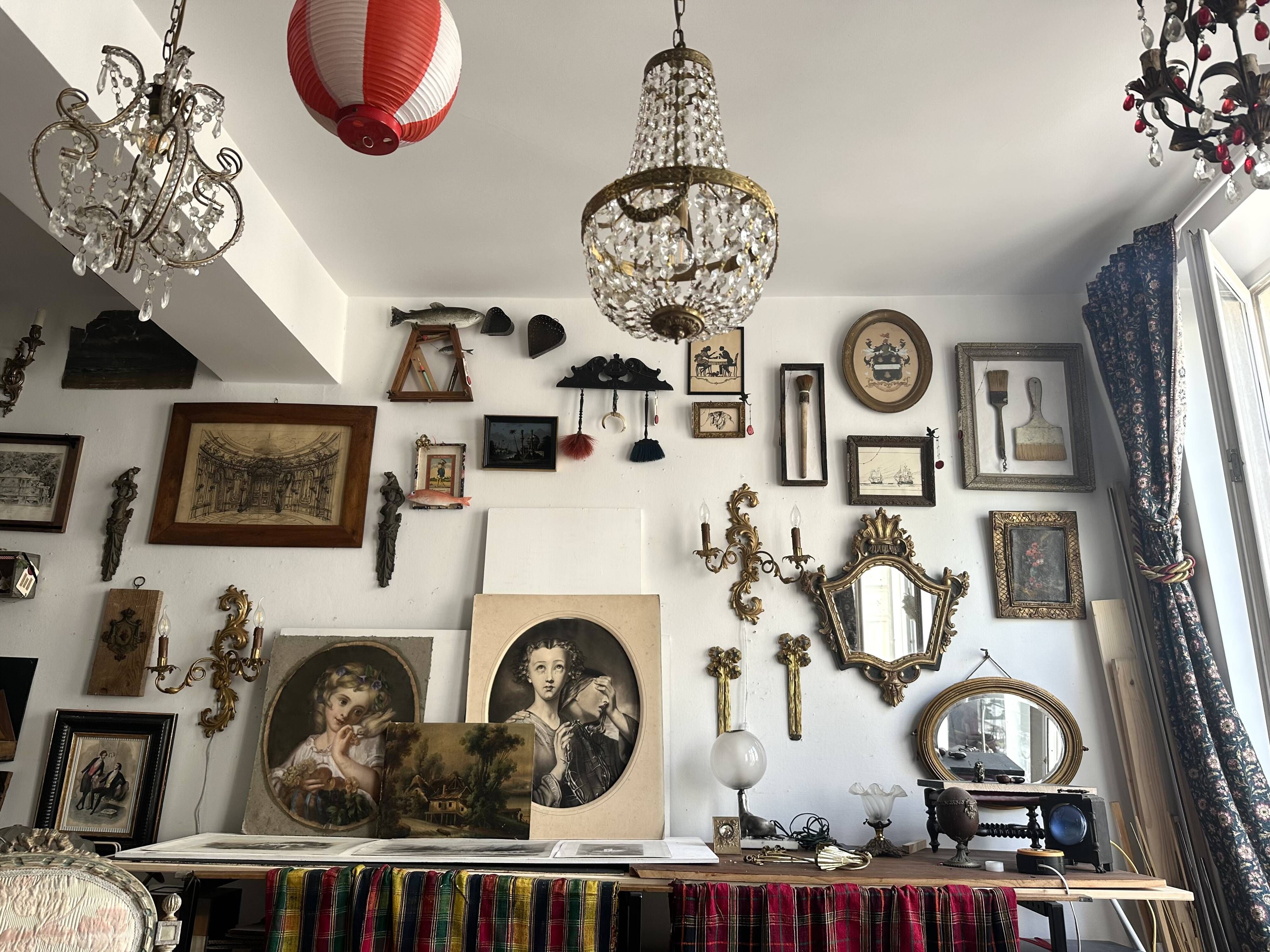 Golden bronze hot air balloon chandelier with glass pendants, mid-20th century.