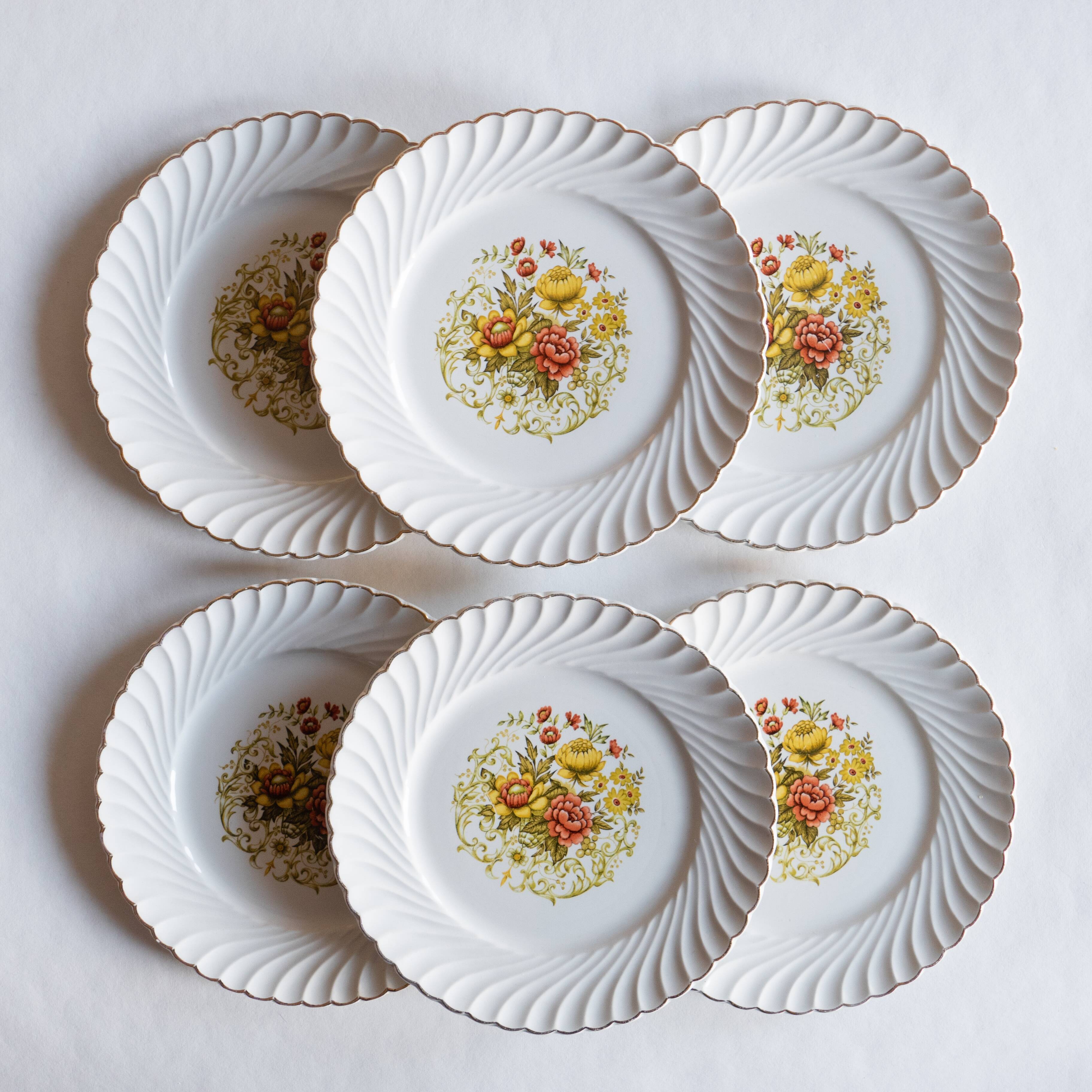 6 flat plates old floral edges fluted edges