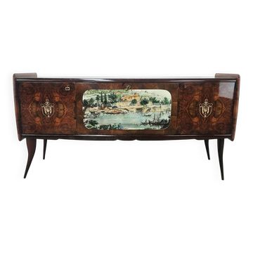 1950s mahogany sideboard with a glass top and central bar.