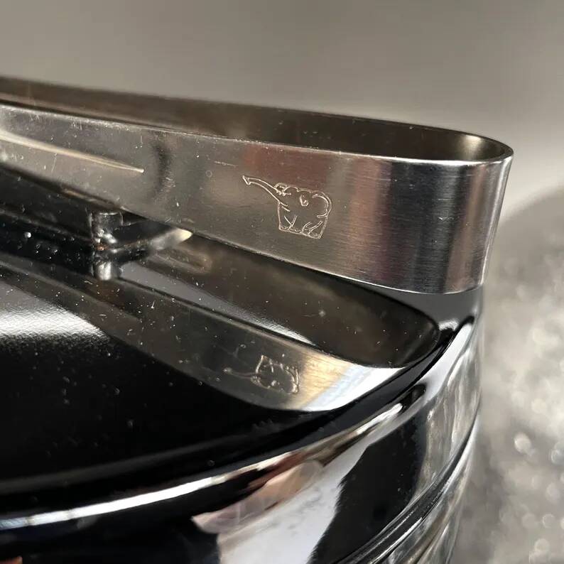 Vintage stainless steel ice bucket with lid and tongs - Made in Japan
