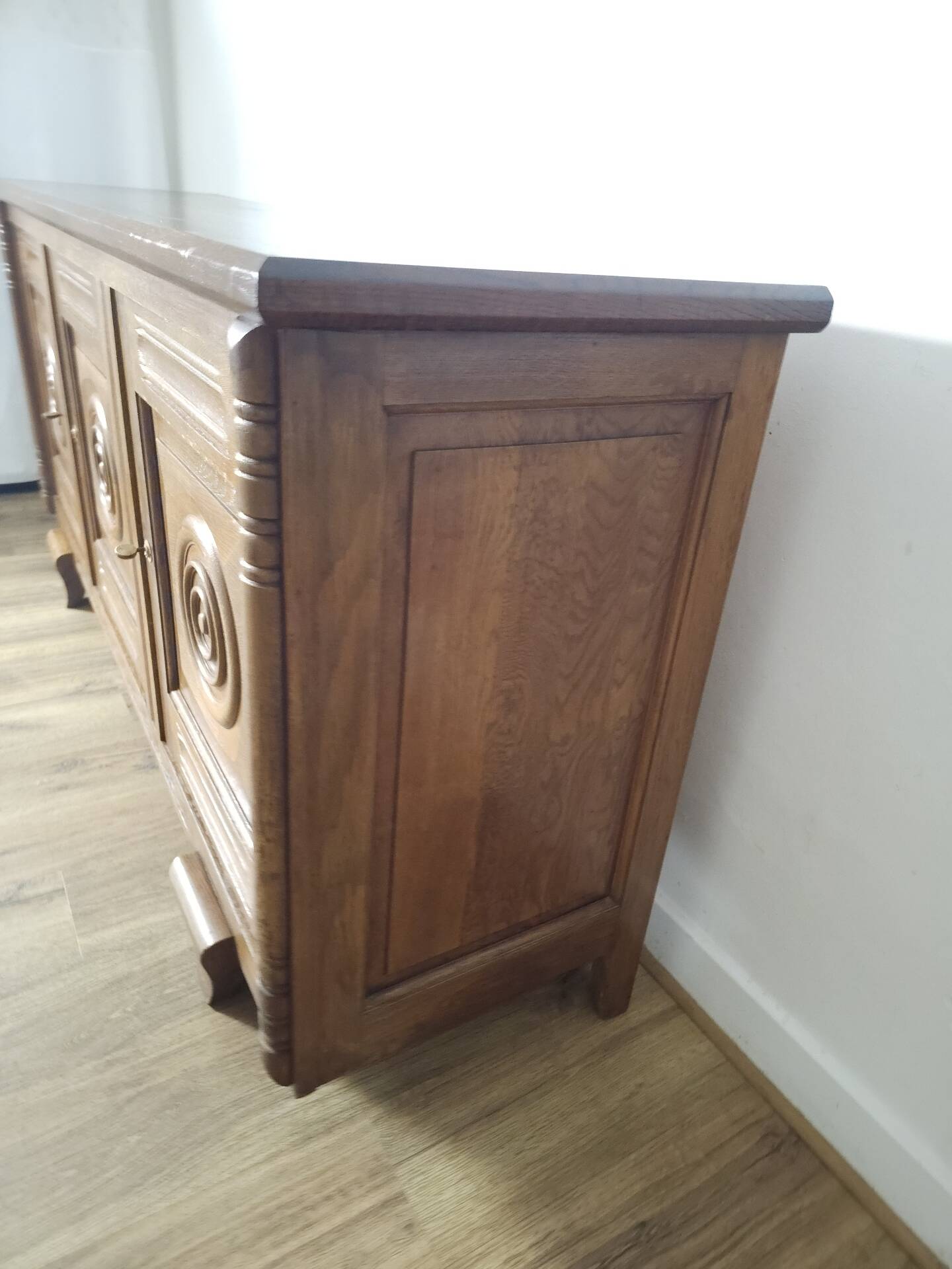 Solid oak sideboard, brutalist and Art Deco work, mid-century.