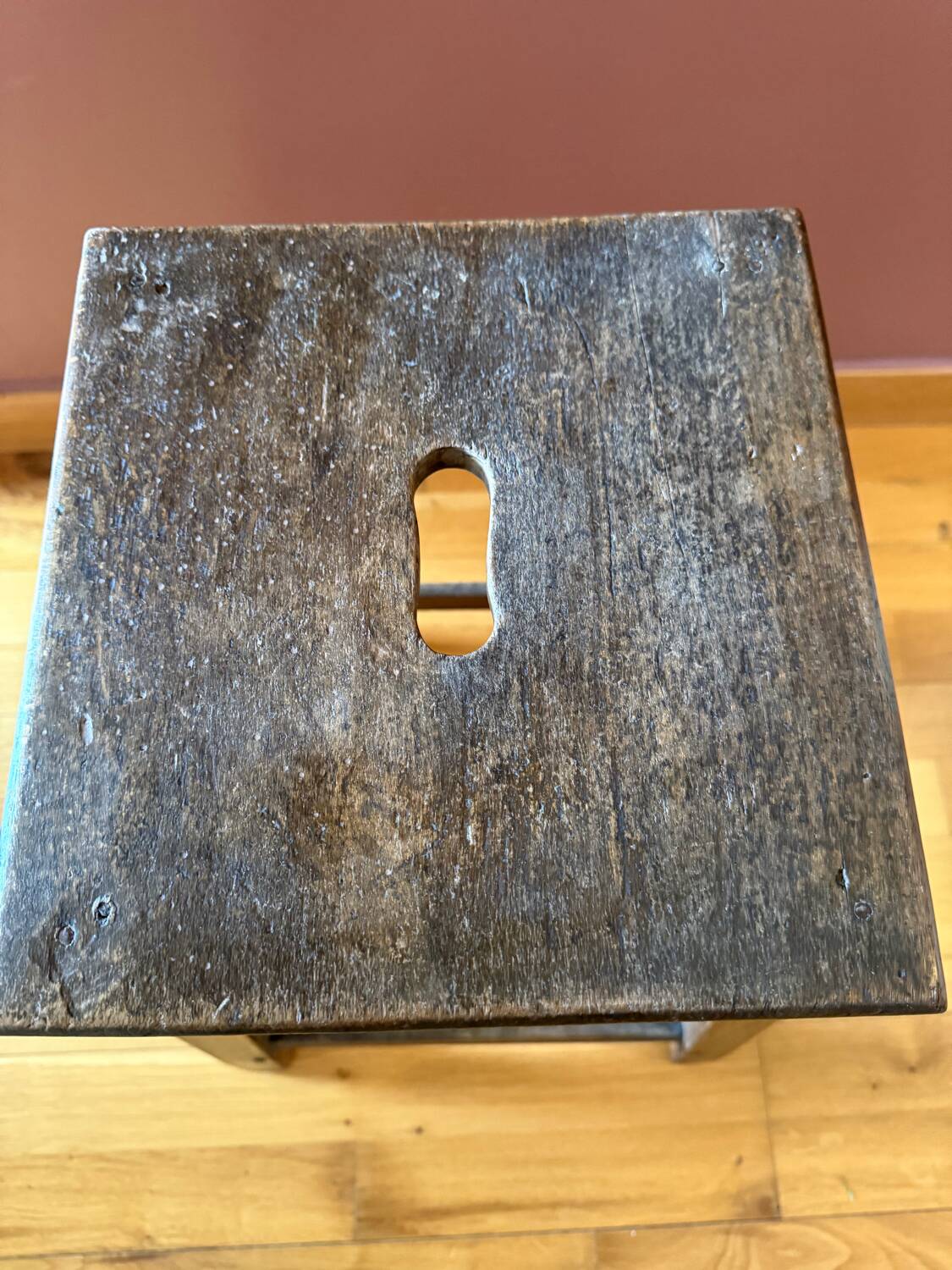 Old workshop stool, solid wood kitchen