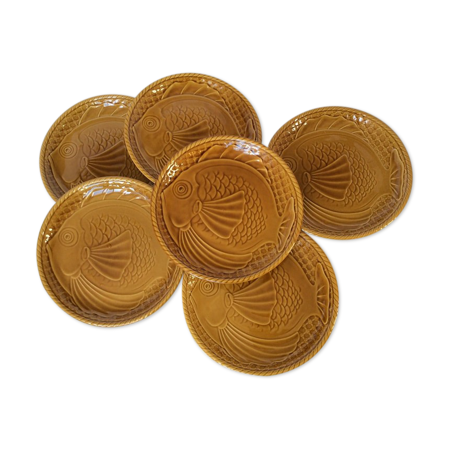 Lot de 6 assiettes poisson Gien céramique ocre ambré années 1960