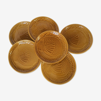 Set of 6 fish plates Gien amber ochre ceramic 1960s