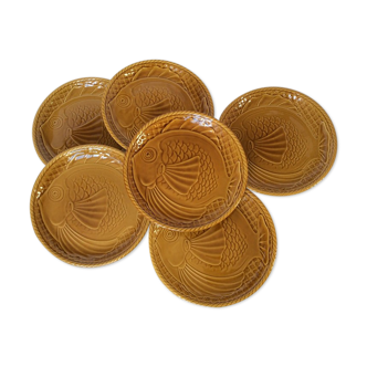 Set of 6 fish plates Gien amber ochre ceramic 1960s