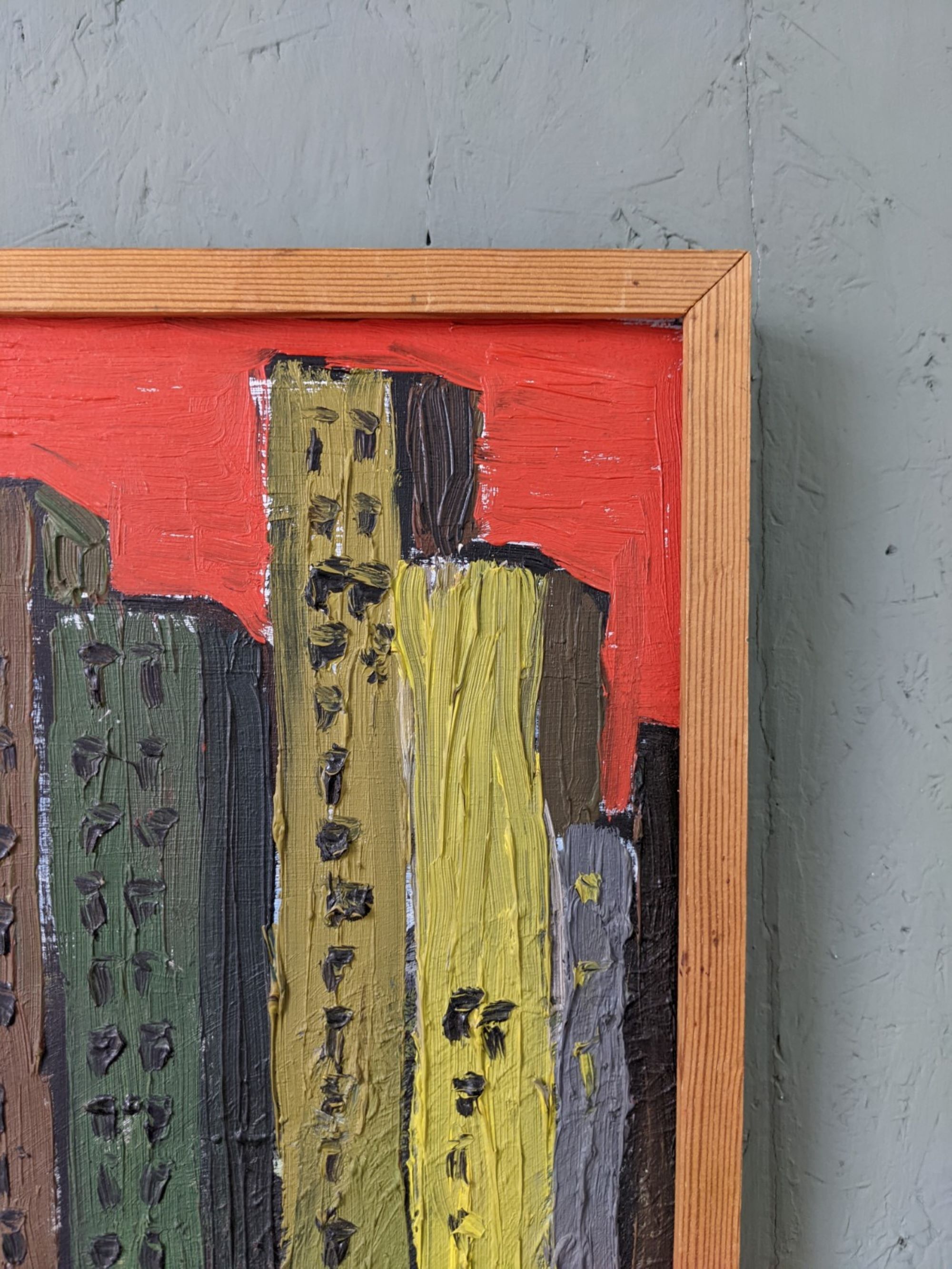 Mid-Century Modern Swedish "Skyline" Vintage Framed Cityscape Oil Painting
