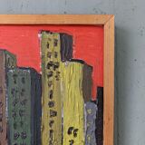 Mid-Century Modern Swedish "Skyline" Vintage Framed Cityscape Oil Painting