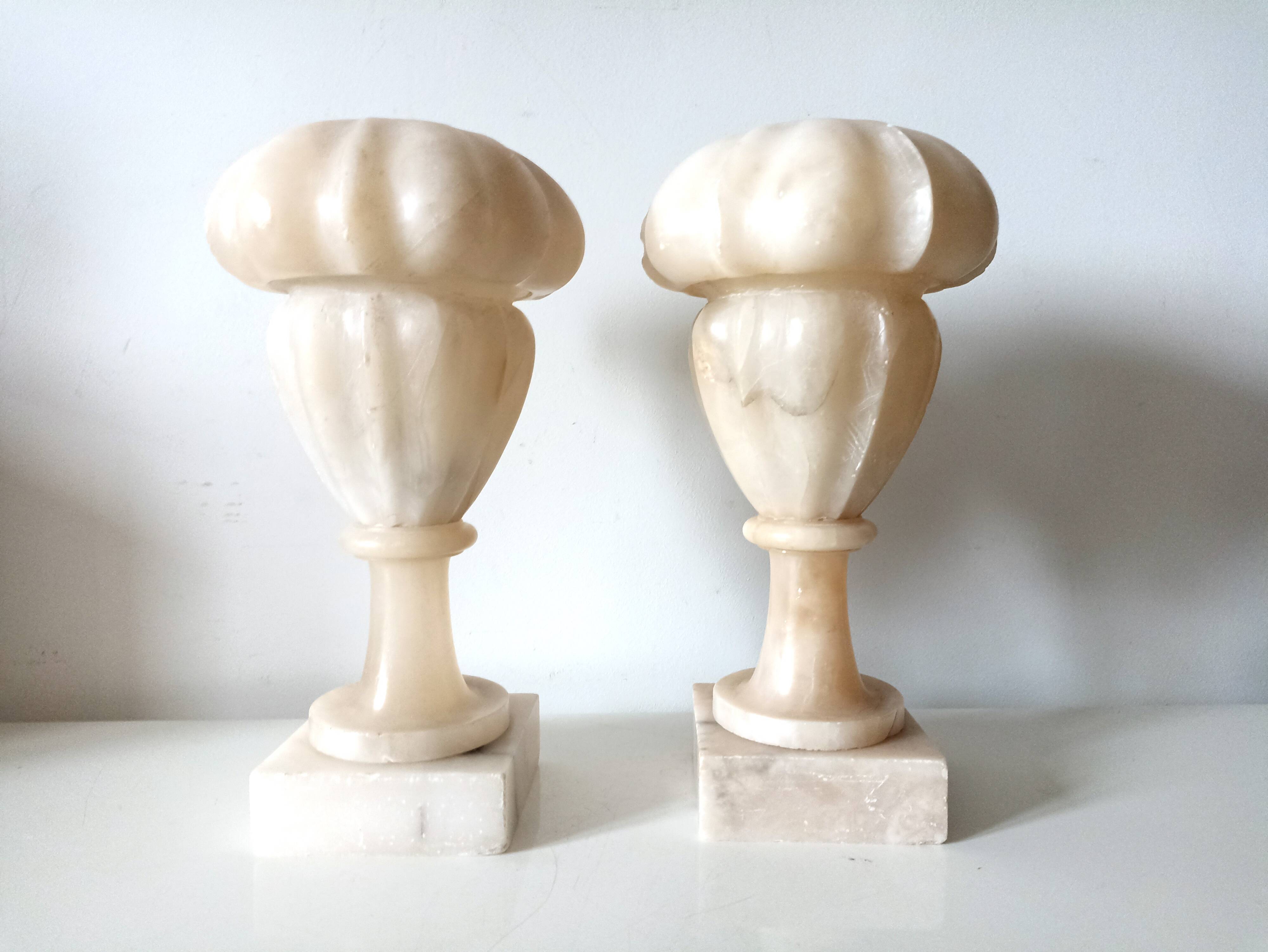 Pair of alabaster fireplace vases on marble base