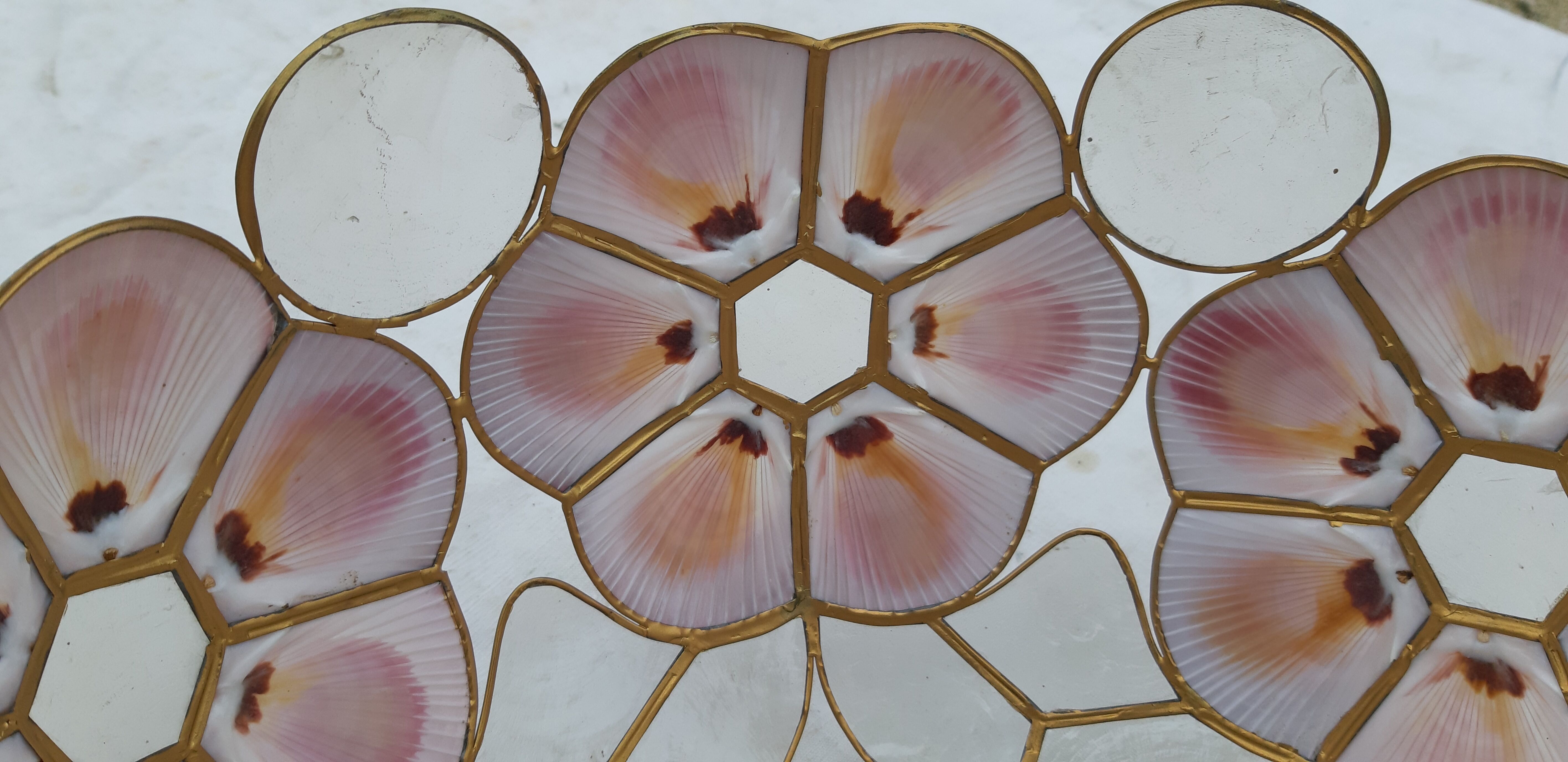 Pair of vintage pendant lamps in brass mother-of-pearl and shells