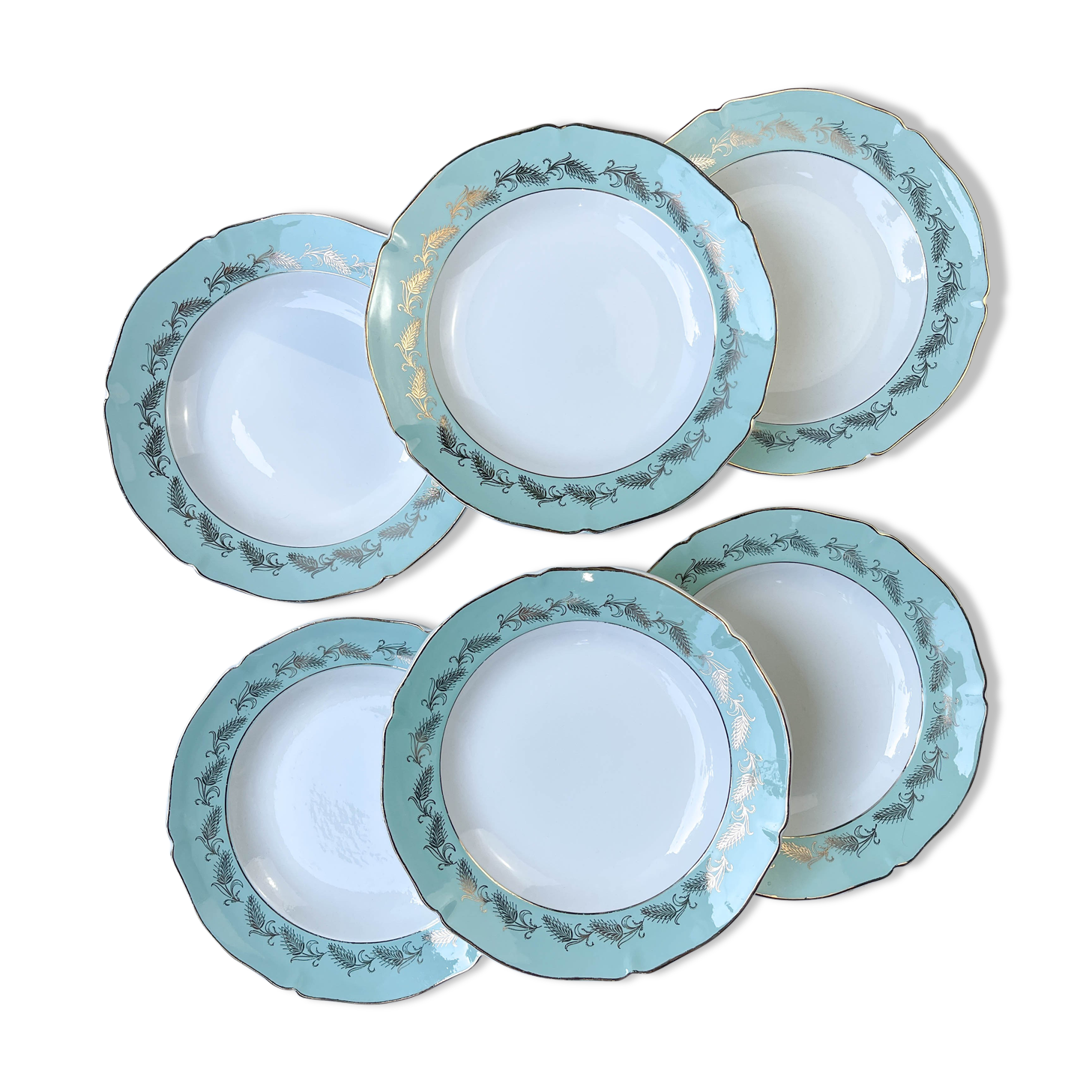 6 assiettes creuses st amand céranord modèle picardie en faïence blanche verte dorée