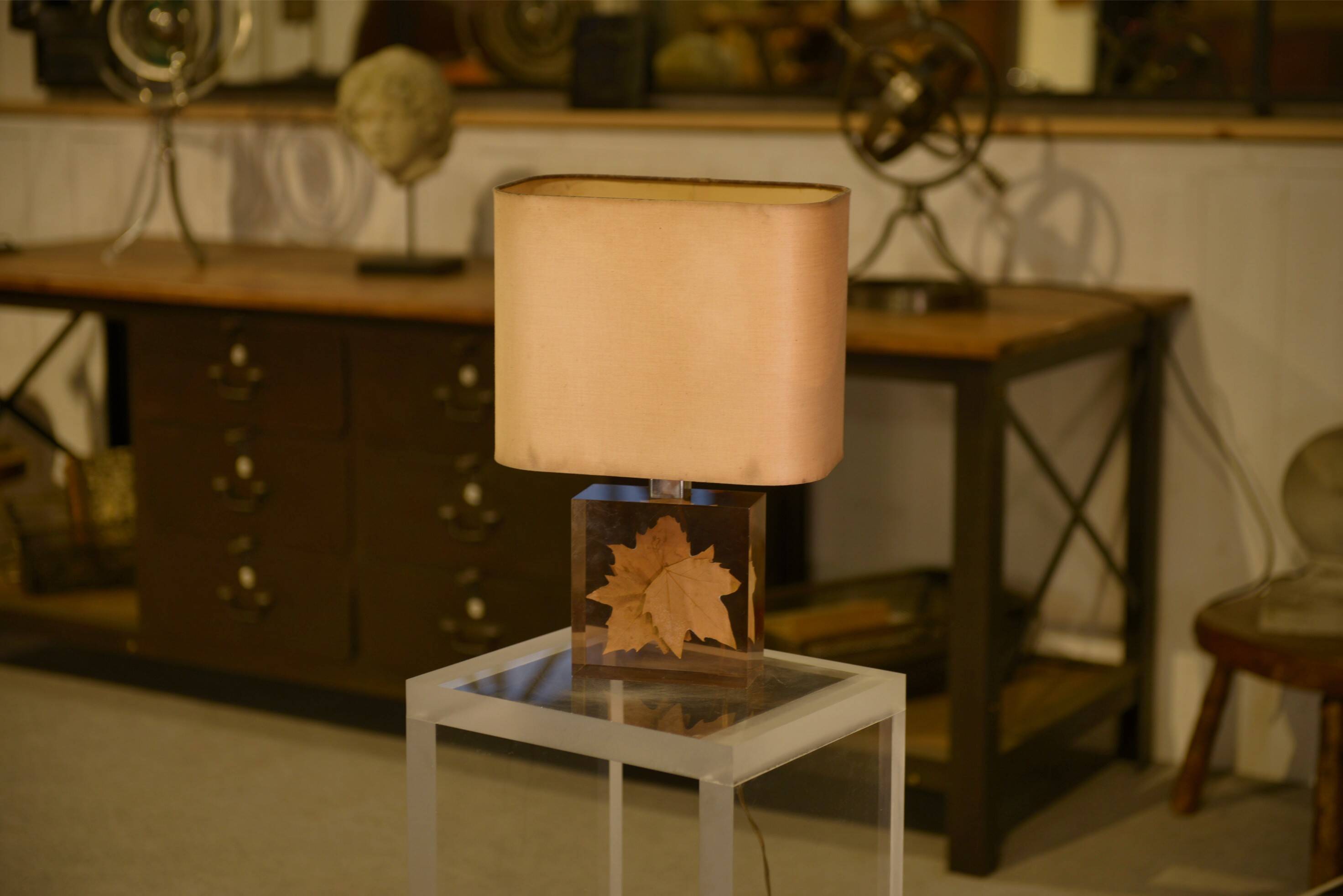 Lamp with plane tree leaf inclusion by Pierre Giraudon 1970s