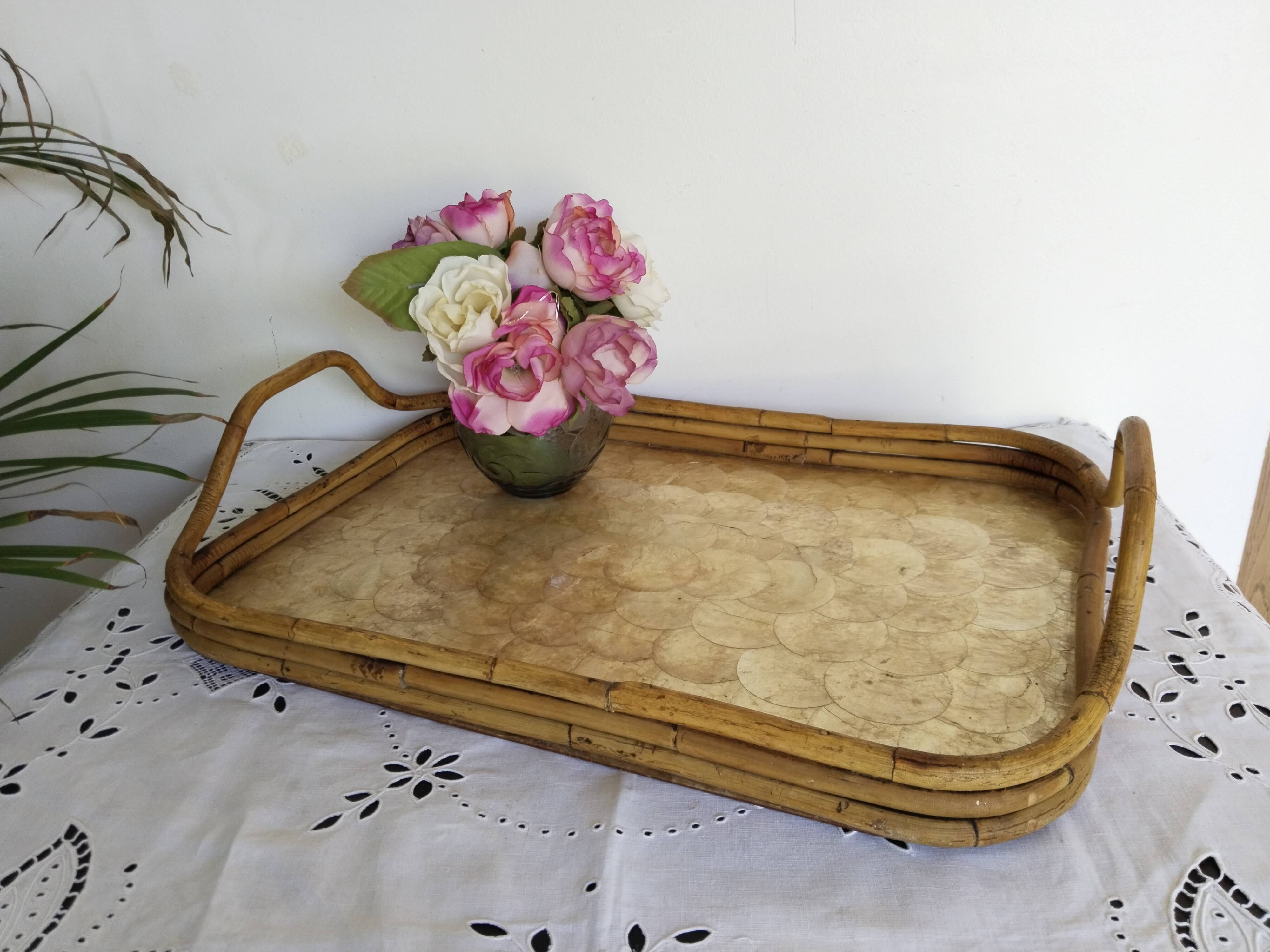 Rattan and mother-of-pearl serving tray, Capiz shell
