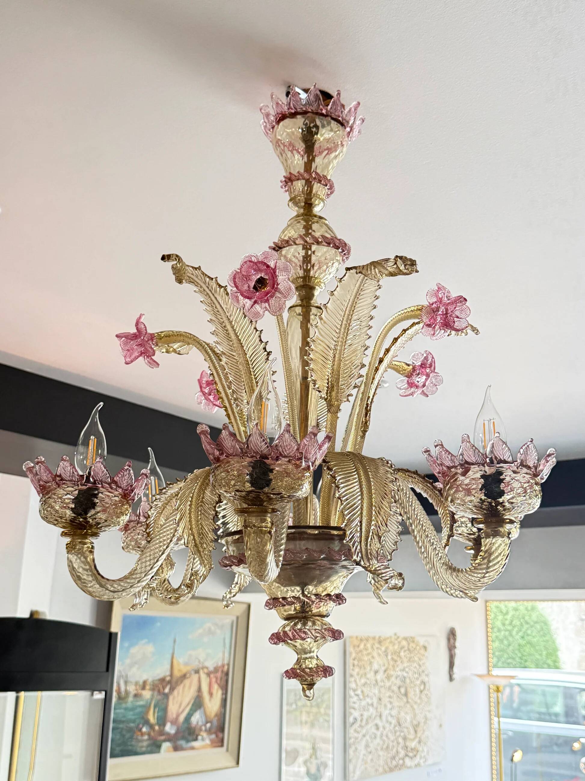 Venetian glass chandelier with pink and gold floral decoration – 6 lights
